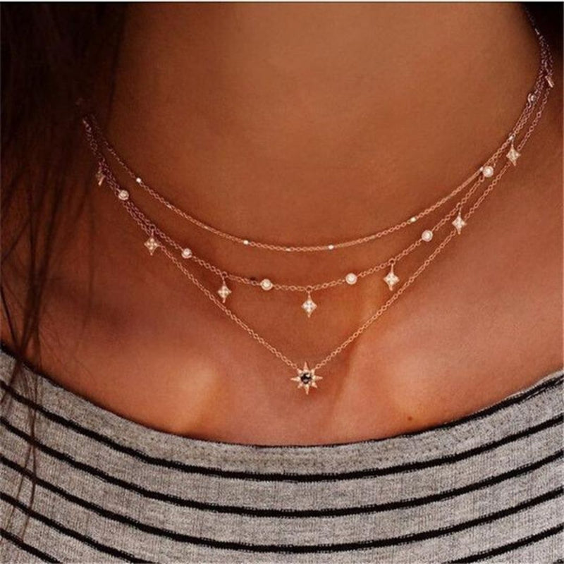 Moon Star Y Choker Gold Silver Necklace For Women - FRANDELS